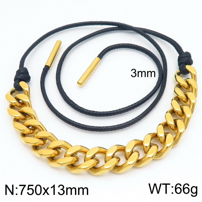 Kemstone Titanium Steel Cuban Link Necklace for Men,Black Wax Cord Western Style Gold Silver KN290590-Z