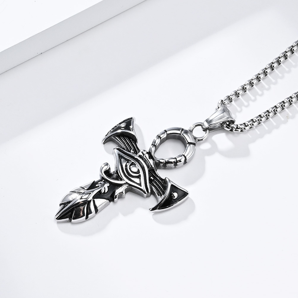 Kemstone Stainless Steel Horus Eye Ankh Cross Pendant Necklace for Men - Vintage Design K-PT507