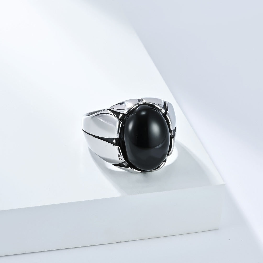 Kemstone Men’s Stainless Steel Oval Stone Ring – Black Stone & Tiger Eye K-R999