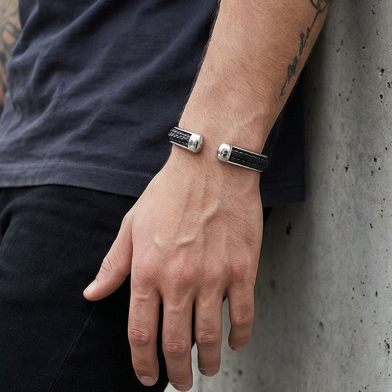 Kemstone Stainless Steel Braided Leather Open Cuff Bracelet for Men Minimalist Casual Wrist Bangle KB97554-BD