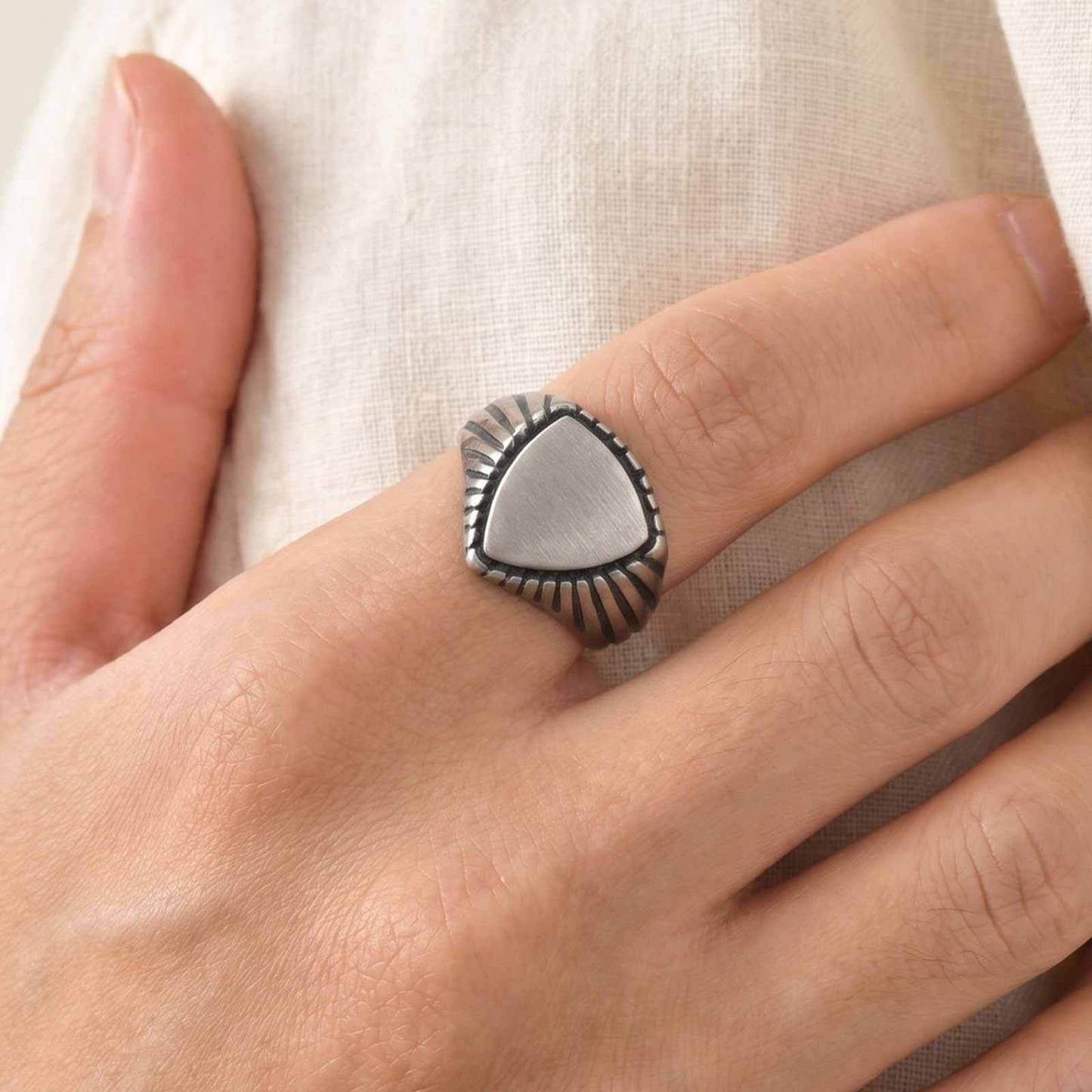 Kemstone Triangle Signet Ring Stainless Steel Brushed Silver for Men RC-843