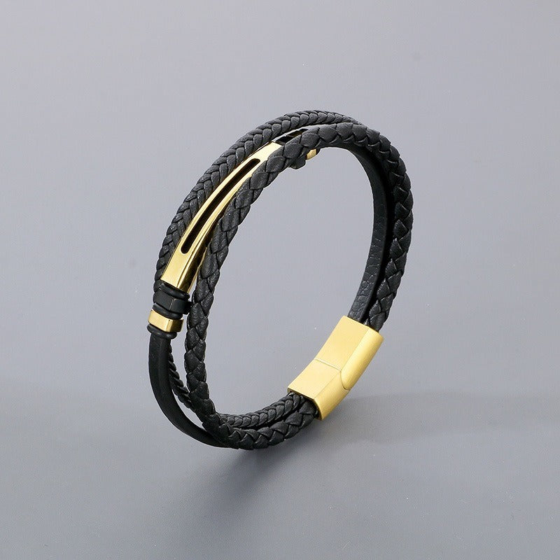 Kemstone Layered Braided Black Leather Bracelet for Men Titanium Steel Accent KB180741-JR