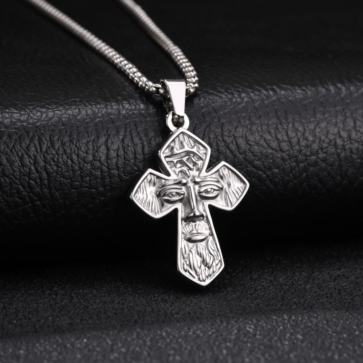 Kemstone Face Relief Cross Pendant Necklace for Men Stainless Steel Vintage PN-2429