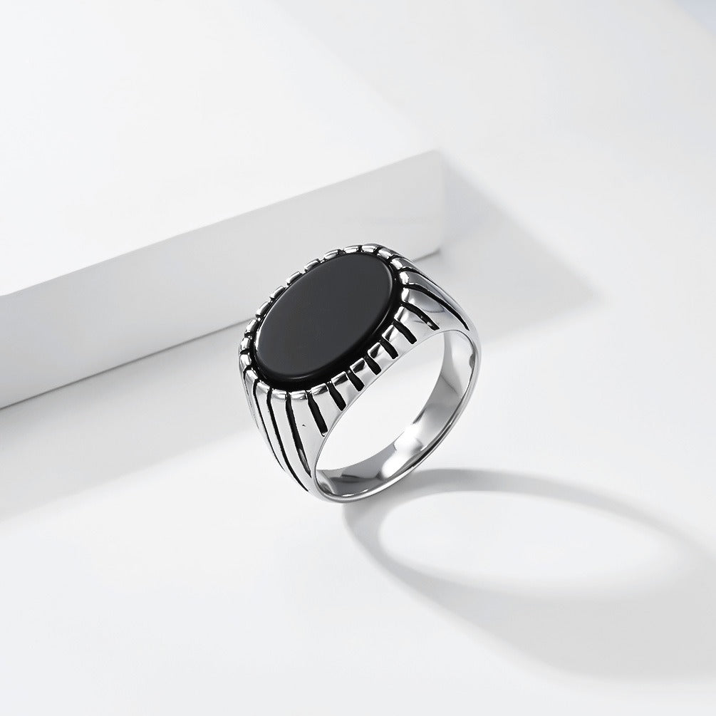 Kemstone Stainless Steel Black Stone Signet Ring for Men Vintage Oval K-R1177