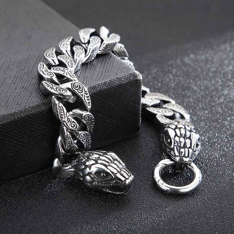 Kemstone Double Snake Head Bracelet – Titanium Steel Cuban Chain for Men | Gothic Punk Vintage Style KB161368-KJX
