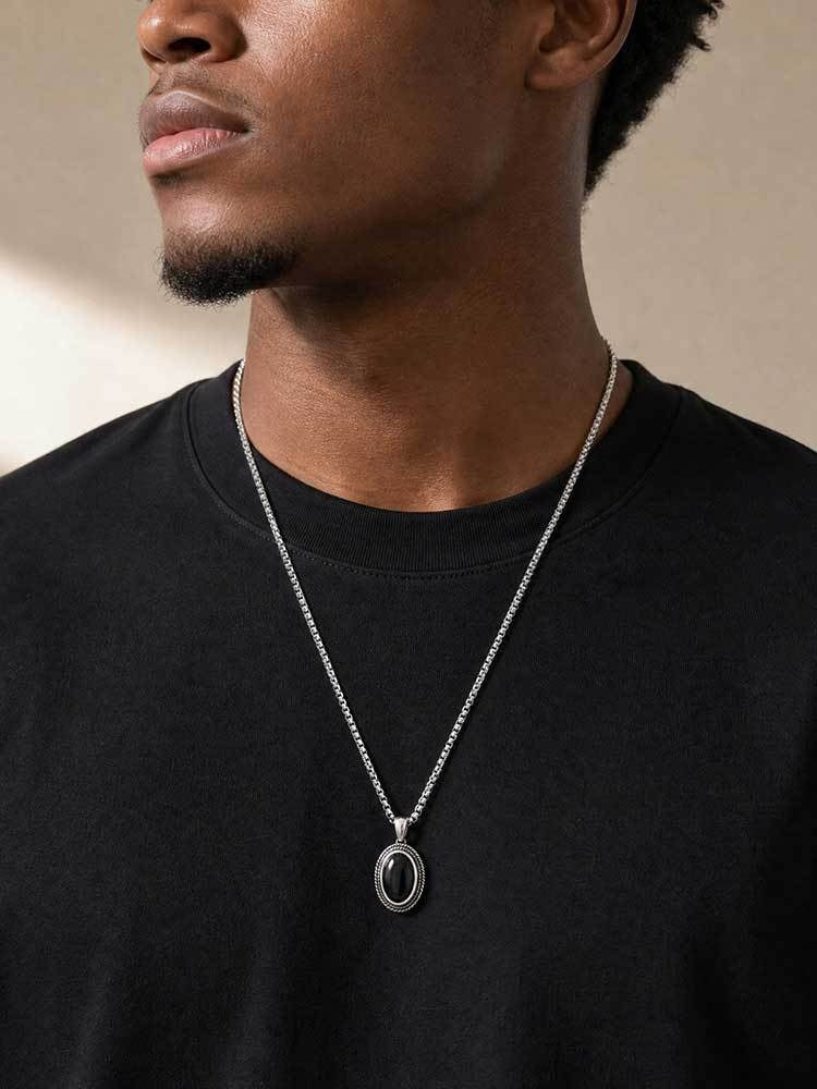 Kemston Black Stone Pendant Necklace for Men Stainless Steel Oval Vintage Frame PN-2462