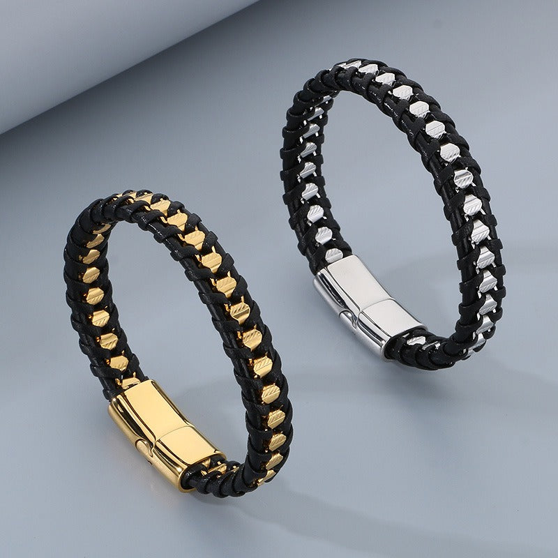 Kemstone Titanium Steel Braided Leather Strap Bracelet for Men Hip Hop Streetwear KB179967-YA
