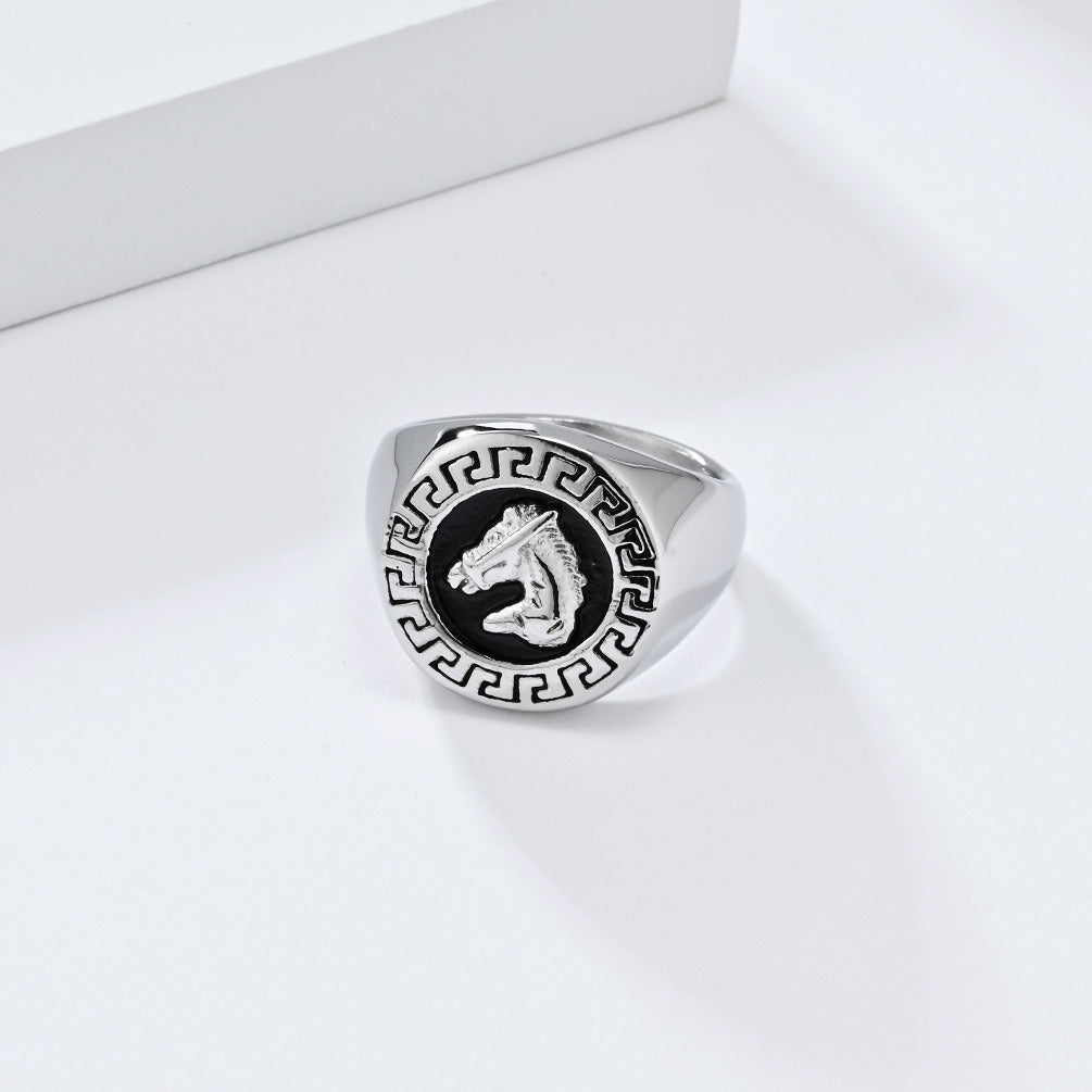 Kemstone Stainless Steel Horse Head Signet Ring – Vintage Relief Style for Men K-R956