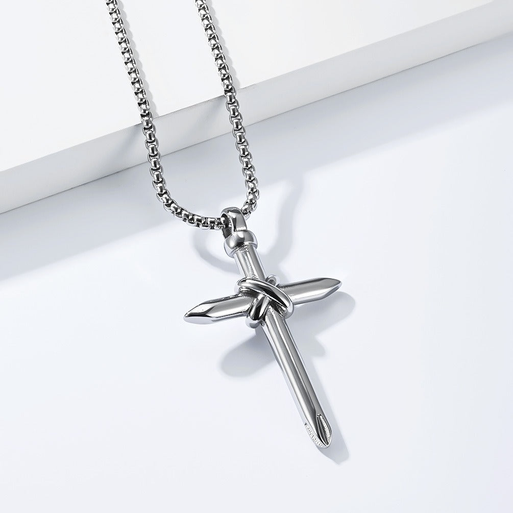 Kemstone Stainless Steel Nail Cross Pendant Necklace Knot Detail for Men & Women K-PT714