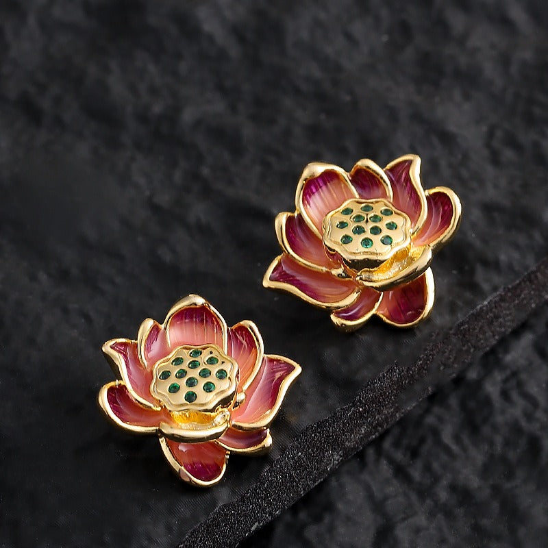 Kemstone Lotus Flower Stud Earrings for Women Enamel Floral Copper TD10865