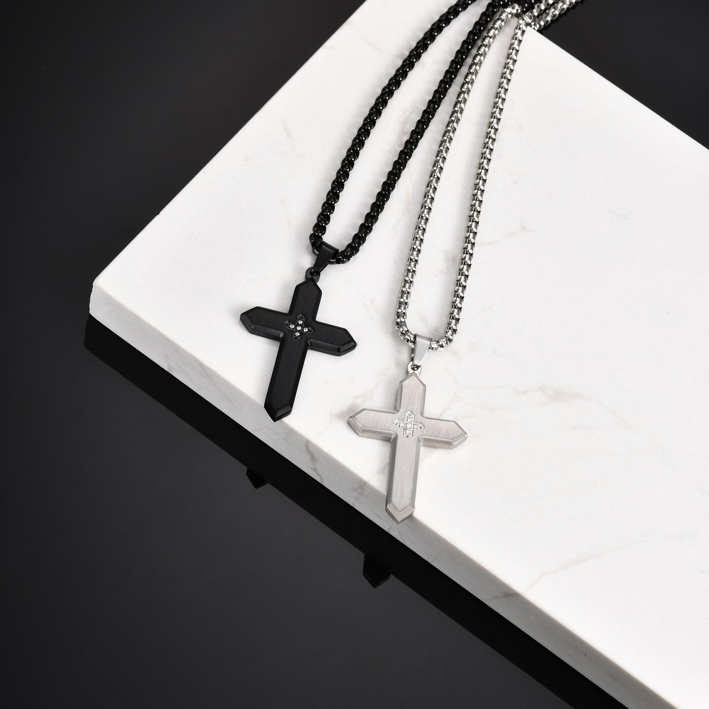 Kemstone Stainless Steel Brushed Cross Pendant Necklace with Cubic Zirconia – Square Link Chain for MenPN-2198