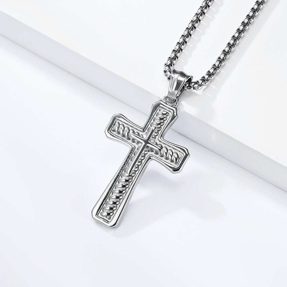 Kemstone Stainless Steel Layered Cross Pendant Necklace Rope Texture Detail for Men K-PT716