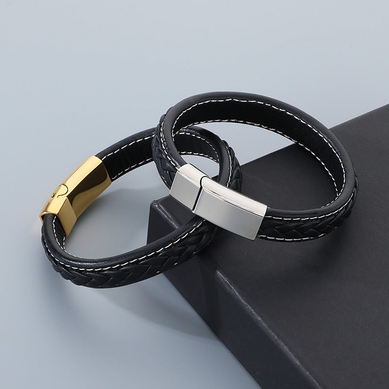 Kemstone Braided Leather Bracelet Secure Clasp Stainless Steel Flat Wristband for Men KB51333-D