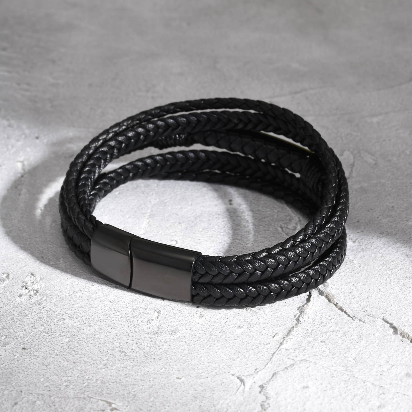 Kemstone Stainless Steel Curved Plate Multi-Layer PU Leather Bracelet for Men – Black Double Wrap Design BL-783