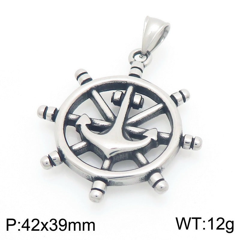 Kemstone Anchor Pendant Necklace Titanium Steel Nautical Wheel Skull Cross Design for Men Silver KP117037-LU