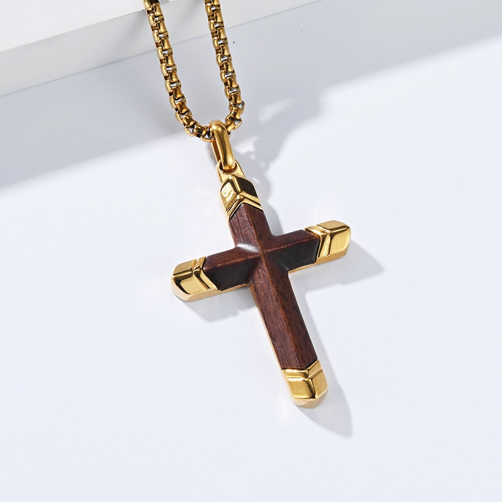 Kemstone Wood Cross Necklace for Men Stainless Steel Metal Accent Pendant K-PT736