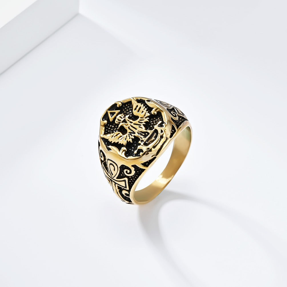 Kemstone Stainless Steel Double Eagle Signet Ring for Men Vintage Gothic Style K-R897