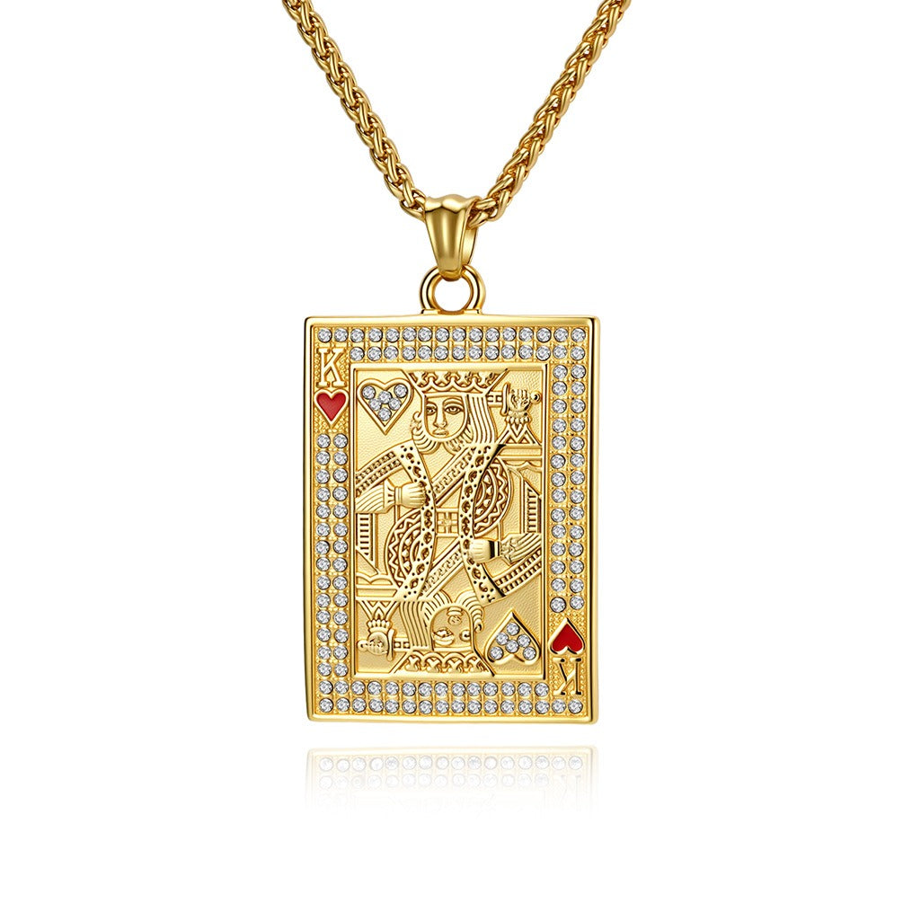 Kemstone Stainless Steel Playing Card Pendant Necklace for Men Women Iced Heart King K-PT719