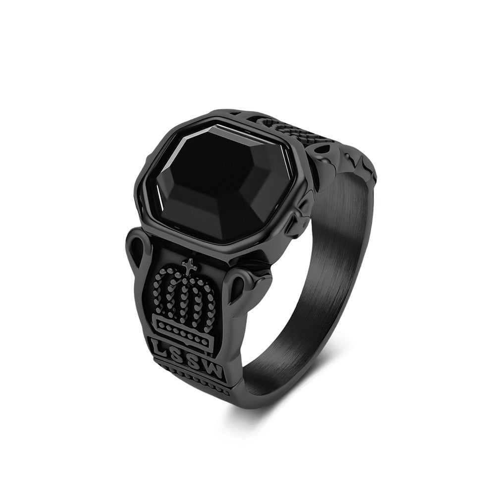 Kemstone Black Stone Signet Ring for Men Stainless Steel Crown Detail Vintage Silver Gold K-R1144