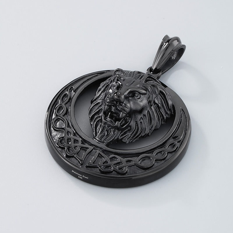 Kemstone Titanium Steel Lion Head Pendant Necklace for Men – Celtic Round Design KP33338-D