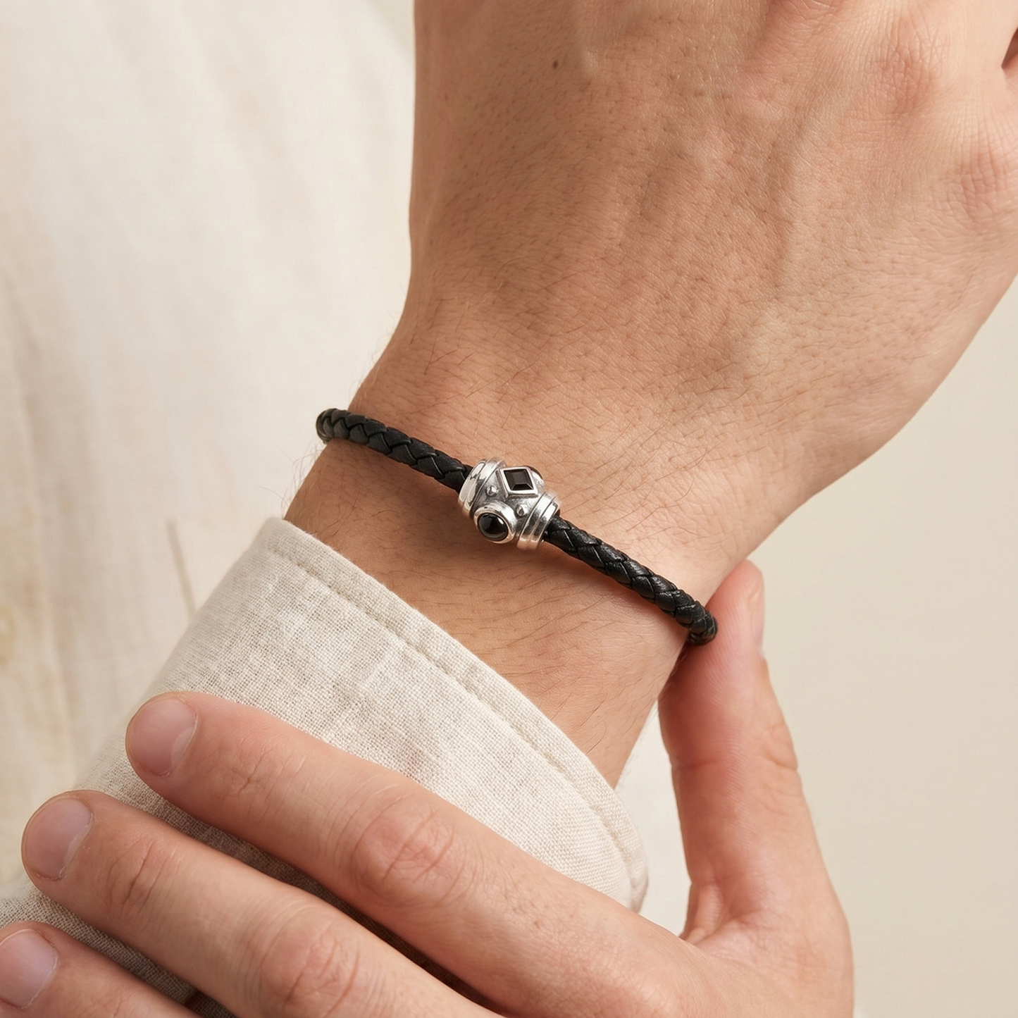 Kemstone Black Leather Bracelet for Men Stainless Steel Zirconia Agate Detail BL-812