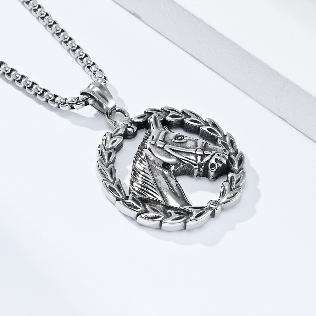 Kemstone Stainless Steel Horse Head Wreath Pendant Necklace for Men - Vintage Style K-PT448