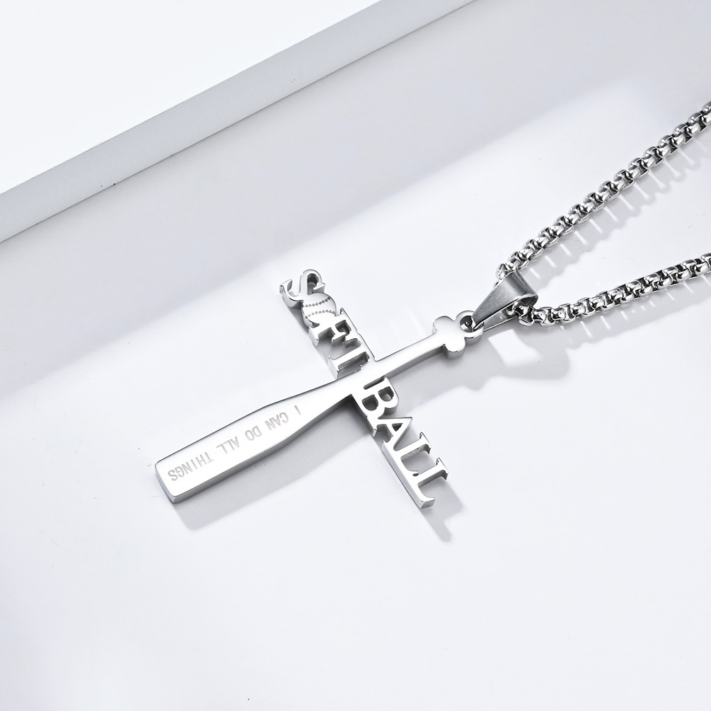 Kemstone Softball Cross Pendant Necklace for Men Stainless Steel Baseball Letter Detail K-PT512