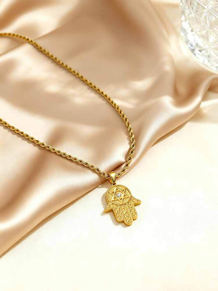 Kemstone Hand Pendant Necklace Gold Plated Stainless Steel Star Symbol Cubic Zirconia for Men Women PN-2337