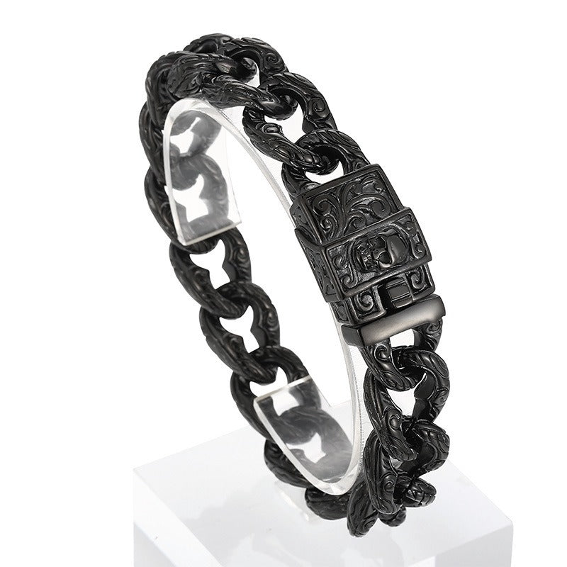 Kemstone Tribal Skeleton Chain Bracelet – Distressed Titanium Steel Men's Gothic Link Jewelry KB121932