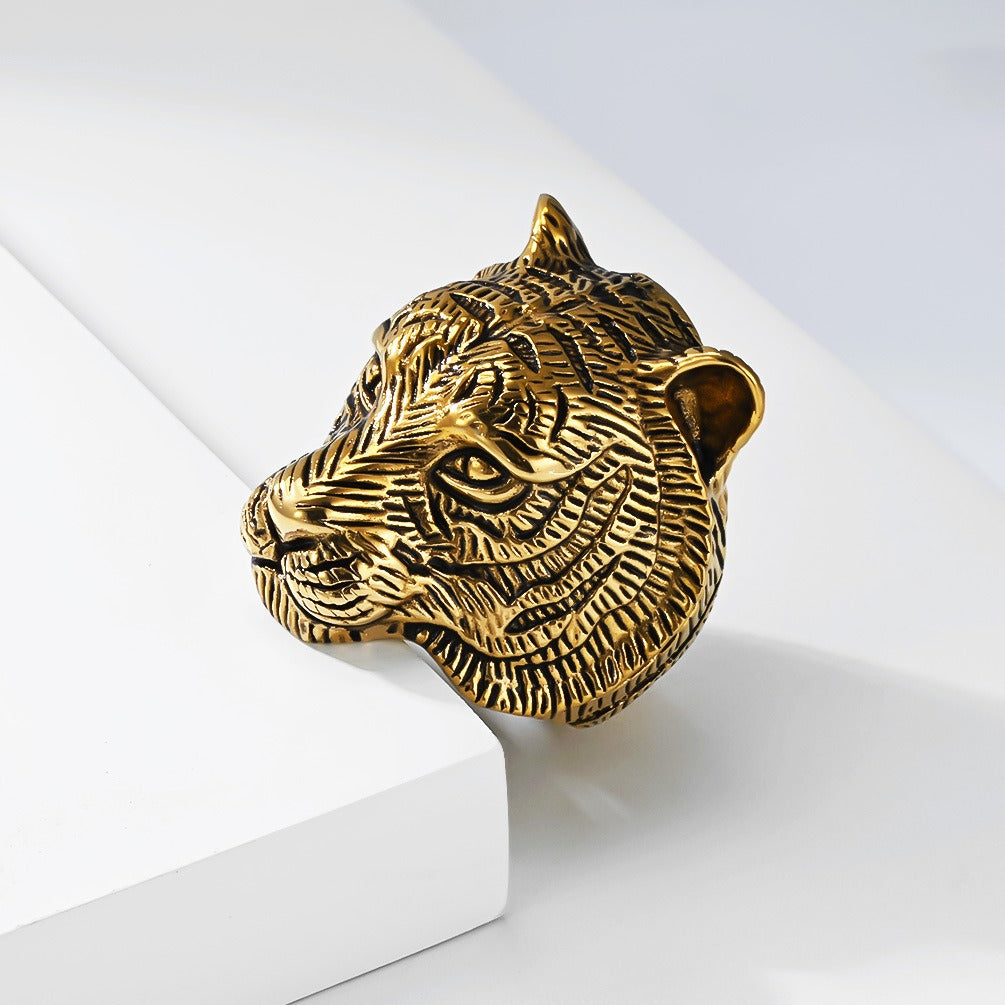 Kemstone Stainless Steel Tiger Head Ring – Vintage Chunky Style for Men K-R1149