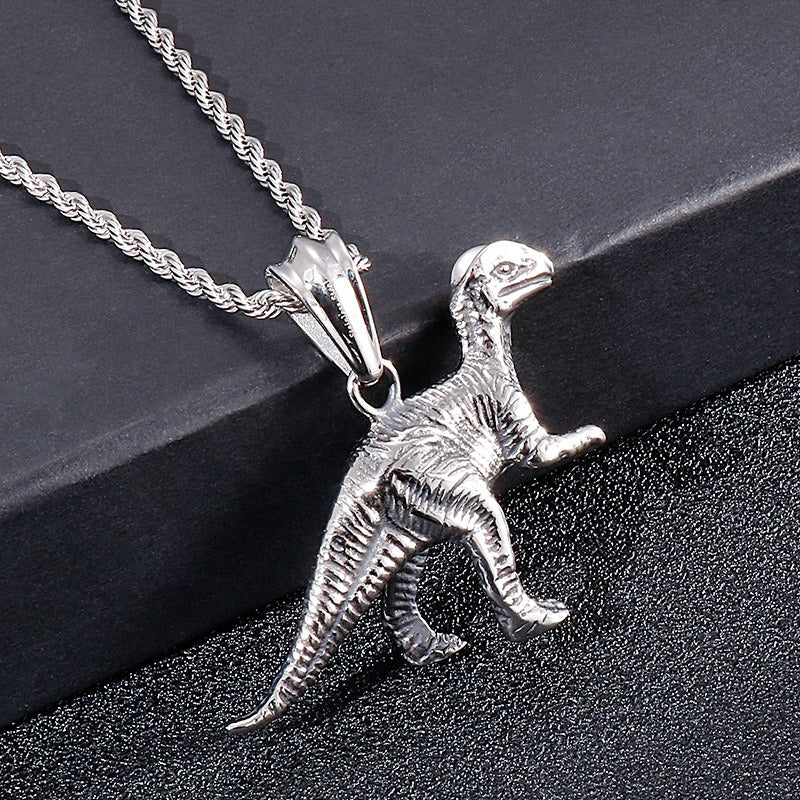 Collar con colgante de acero de titanio y calavera de dinosaurio vintage Kemstone: joyería masculina con temática animal audaz para el día a día KP55864-BD