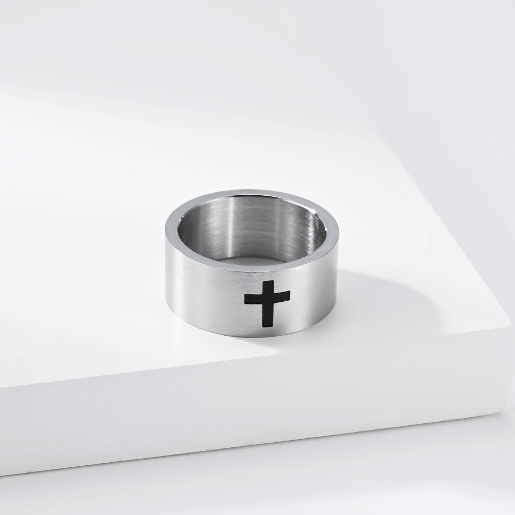 Kemstone Matte Cross Ring for Men Stainless Steel 10MM Wide Band Vintage K-R1209