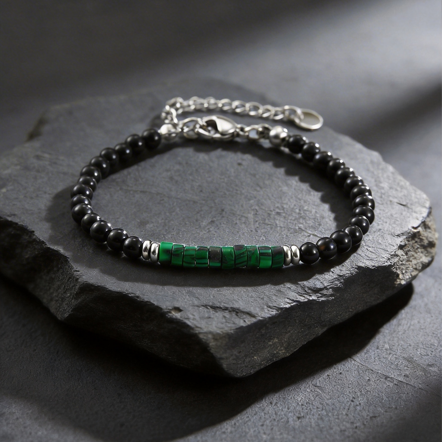 Kemstone Stone Beaded Bracelet Green Bead Adjustable Chain for Men Women BR-2925