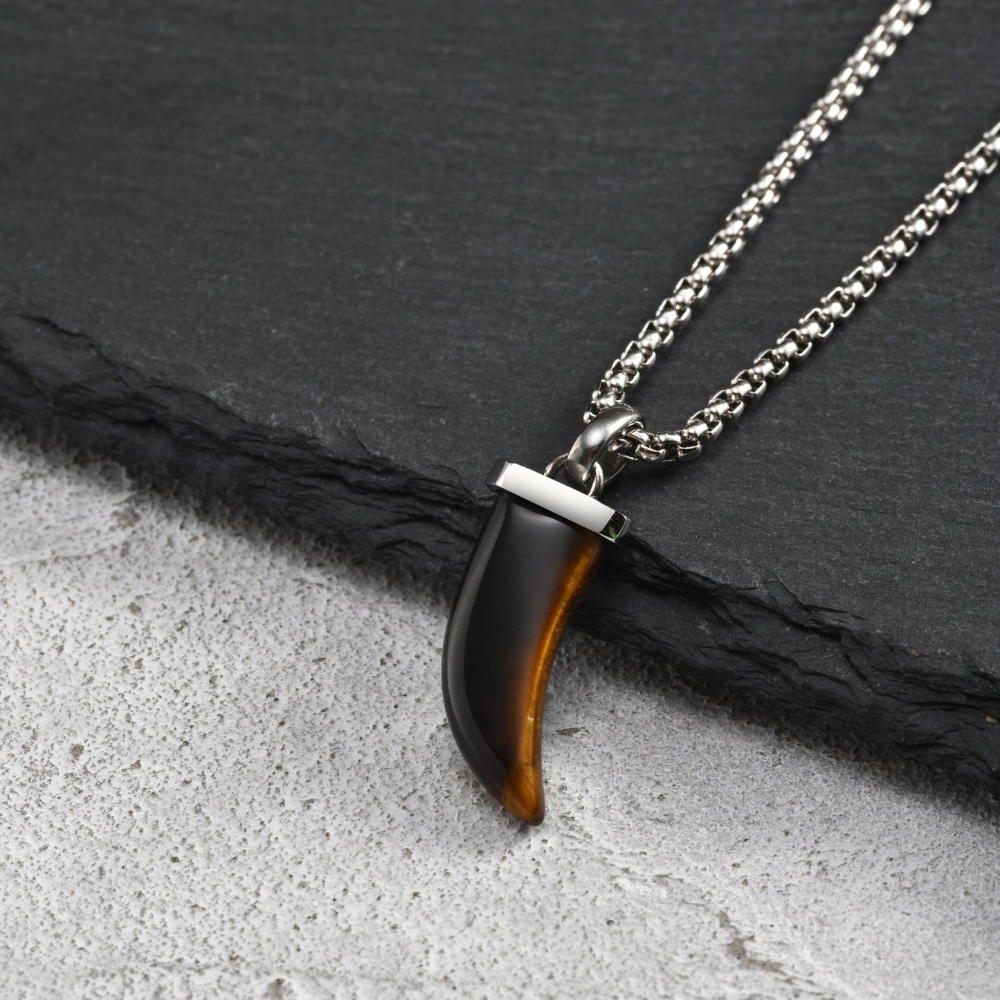 Kemstone Horn Pendant Necklace for Men & Women Stainless Steel Tiger Eye Black Agate PN-2438