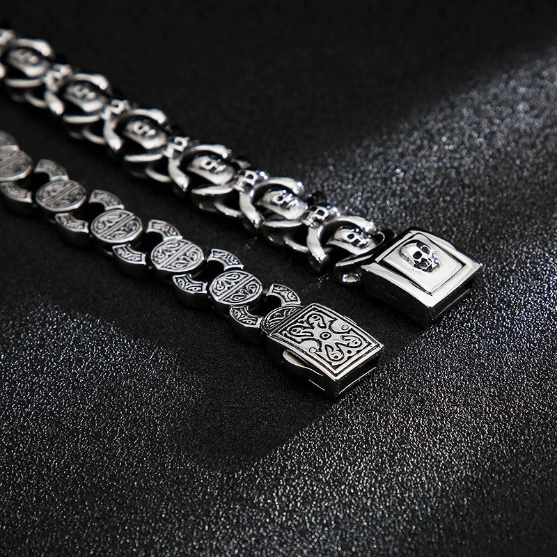 Kemstone Vintage Skull Link Bracelet for Men – Titanium Steel Heavy Chain, Antique Finish KB125372-BDJX