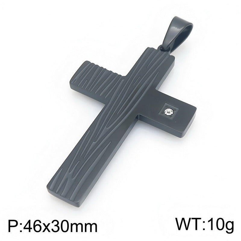 Kemstone Wood Grain Cross Pendant Necklace for Men Stainless Steel Cubic Zirconia Accent KP119491-HR