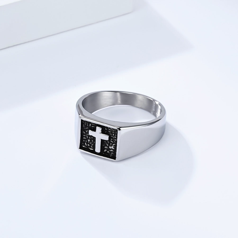Kemstone Men’s Titanium Steel Cross Signet Ring – Silver, Gold, Black K-R1047