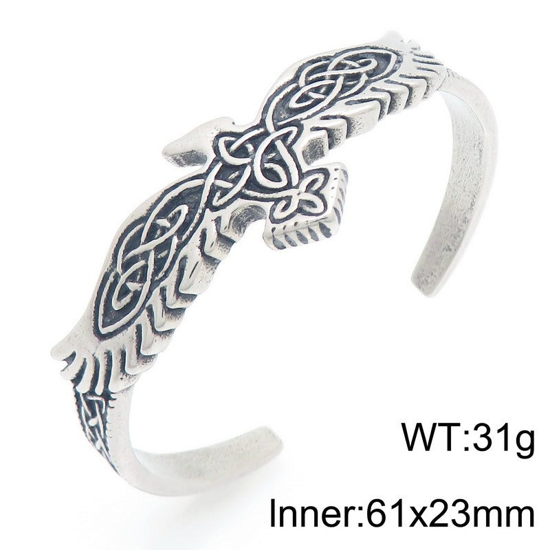 Kemstone Viking Raven Celtic Knot Feather Cuff Bracelet – Titanium Steel Open Bangle for Men KB209301-LU
