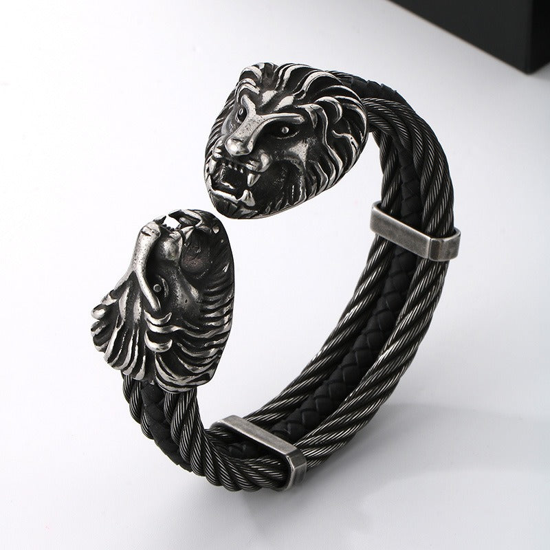 Kemstone Titanium Steel Lion Head Open Cuff Bracelet for Men – Steel Cable KB167192-KFC