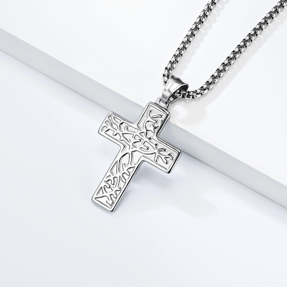 Kemstone Stainless Steel Cross Pendant Necklace for Men Vintage Engraved Tree of Life Lightweight K-PT725
