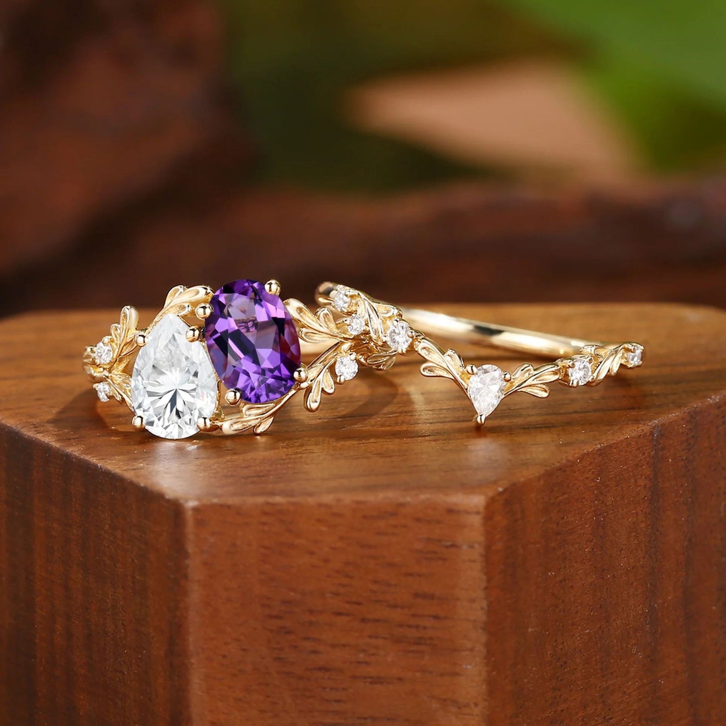 Kemstone Moonstone & Mandarin Garnet Ring Set for Women – Vintage Floral Stackable Ring in S925 Sterling Silver 18K Gold Plated T7-YC0323RS