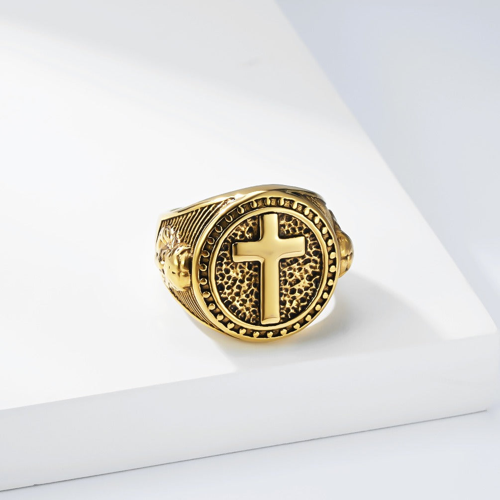 Kemstone Titanium Steel Cross Medallion Ring for Men Two Tone Round Signet Vintage Style Silver Gold Black K-R1140