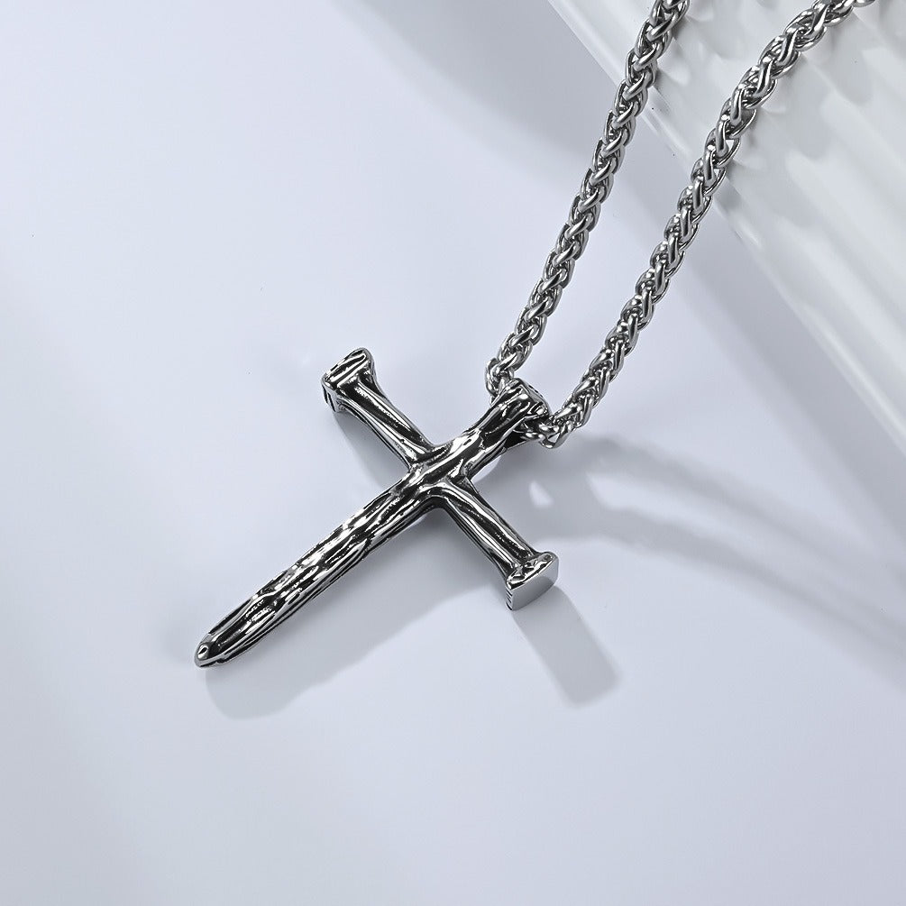 Kemstone Titanium Steel Hammered Cross Necklace – Vintage Faith Pendant for Men Jewelry K-PT662