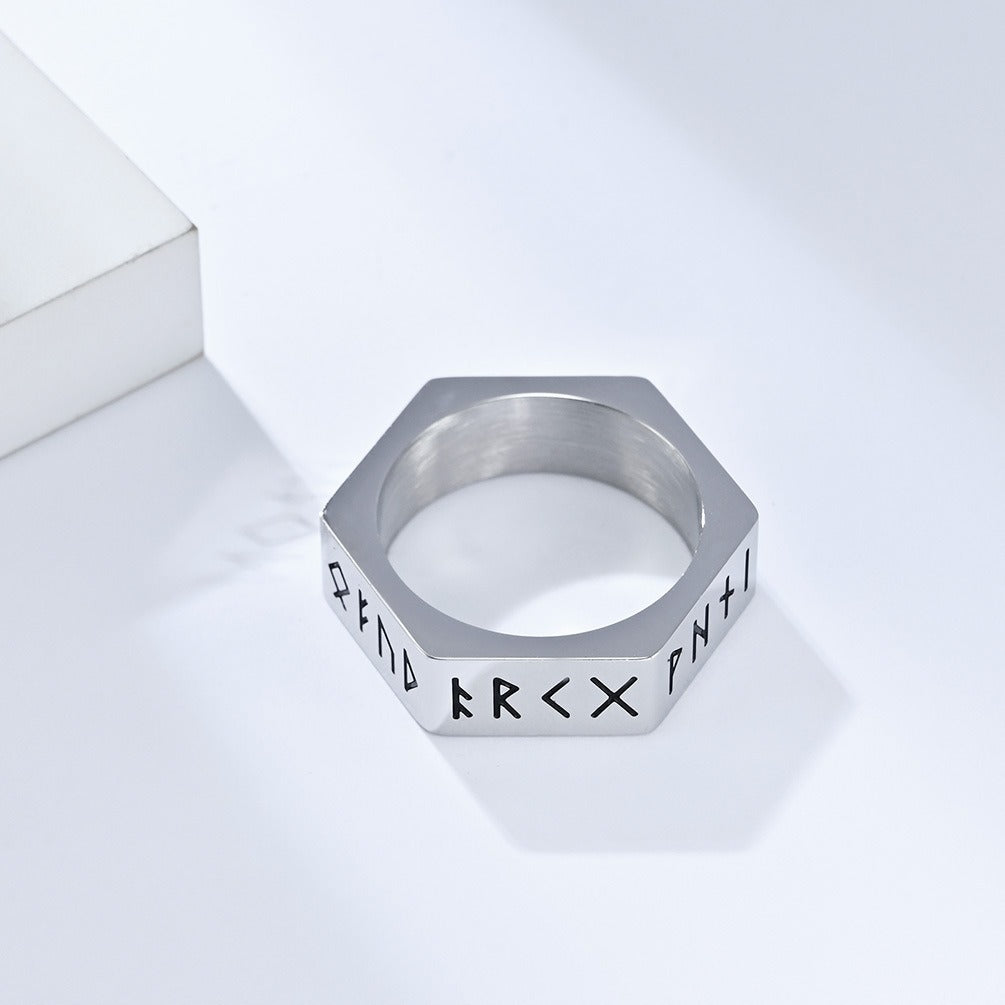 Kemstone Titanium Steel Rune Ring – Nordic Viking Hex Nut Design K-R703
