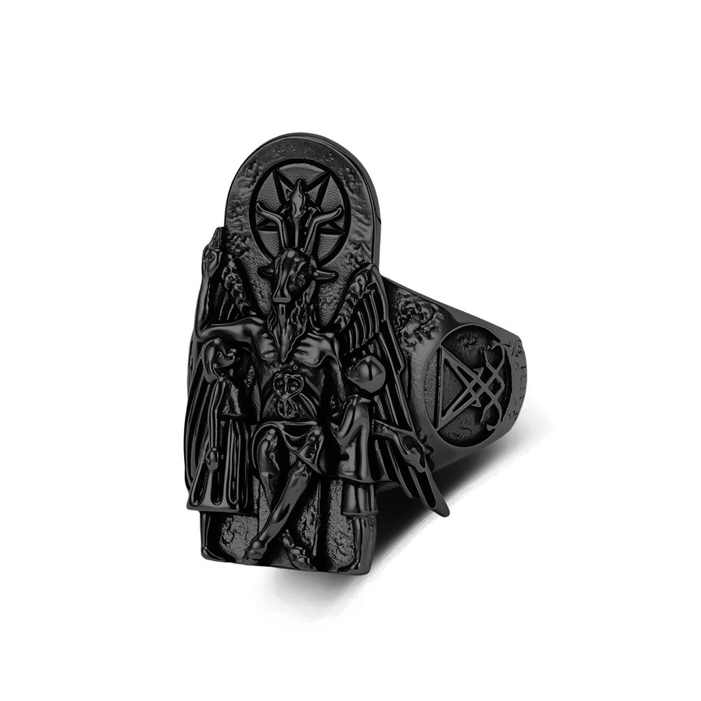 Kemstone Stainless Steel Goat Head Signet Ring – Gothic Vintage Style for Men K-R1154