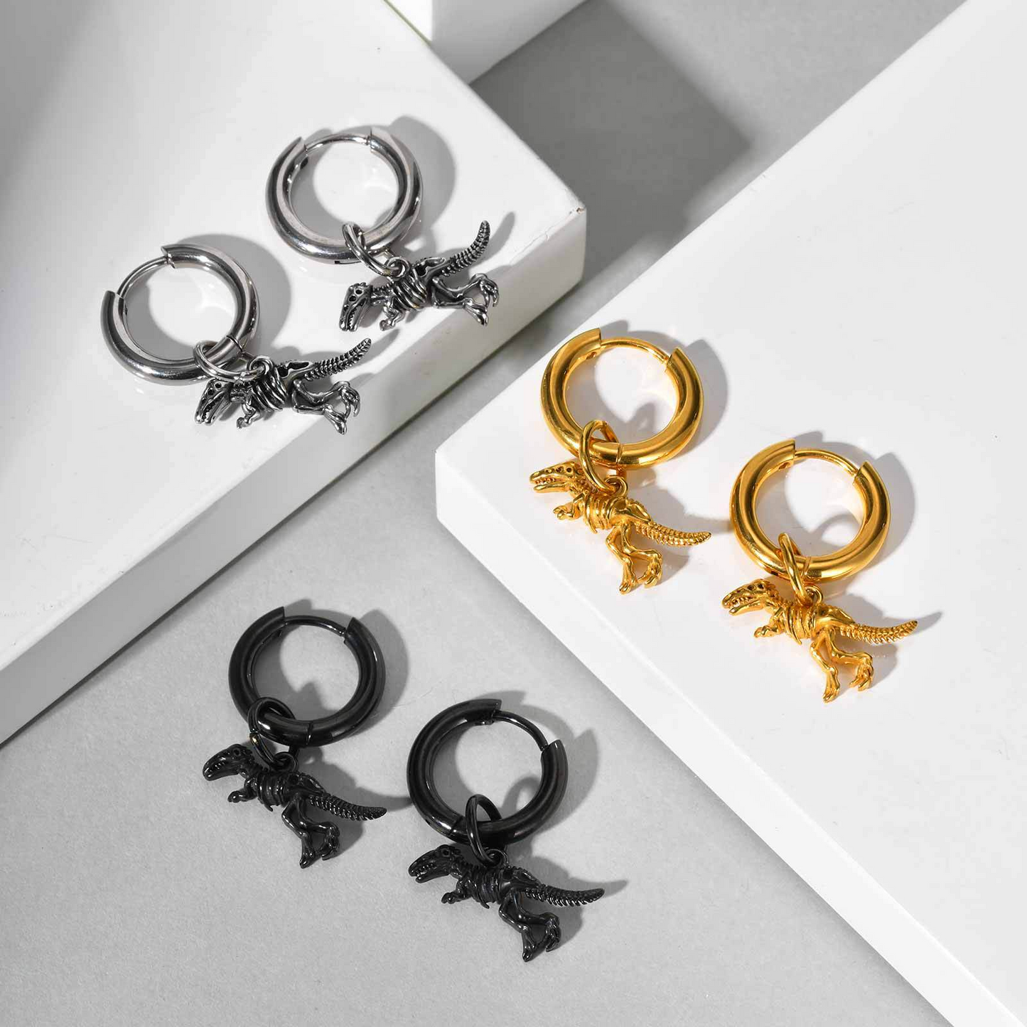 Stainless Steel Dinosaur Skeleton Hoop Earring for Men – Black Drop Charm ED-868