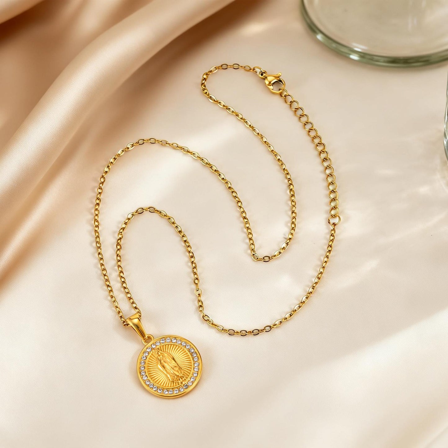 Kemstone Round Coin Pendant Necklace Gold Plated Stainless Steel Cubic Zirconia Medallion for Men Women PN-2339