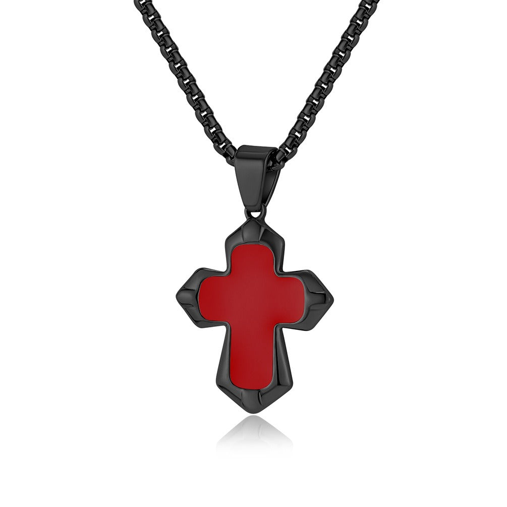 Kemstone Black Enamel Cross Necklace for Men Stainless Steel Faceted Edge K-PT560