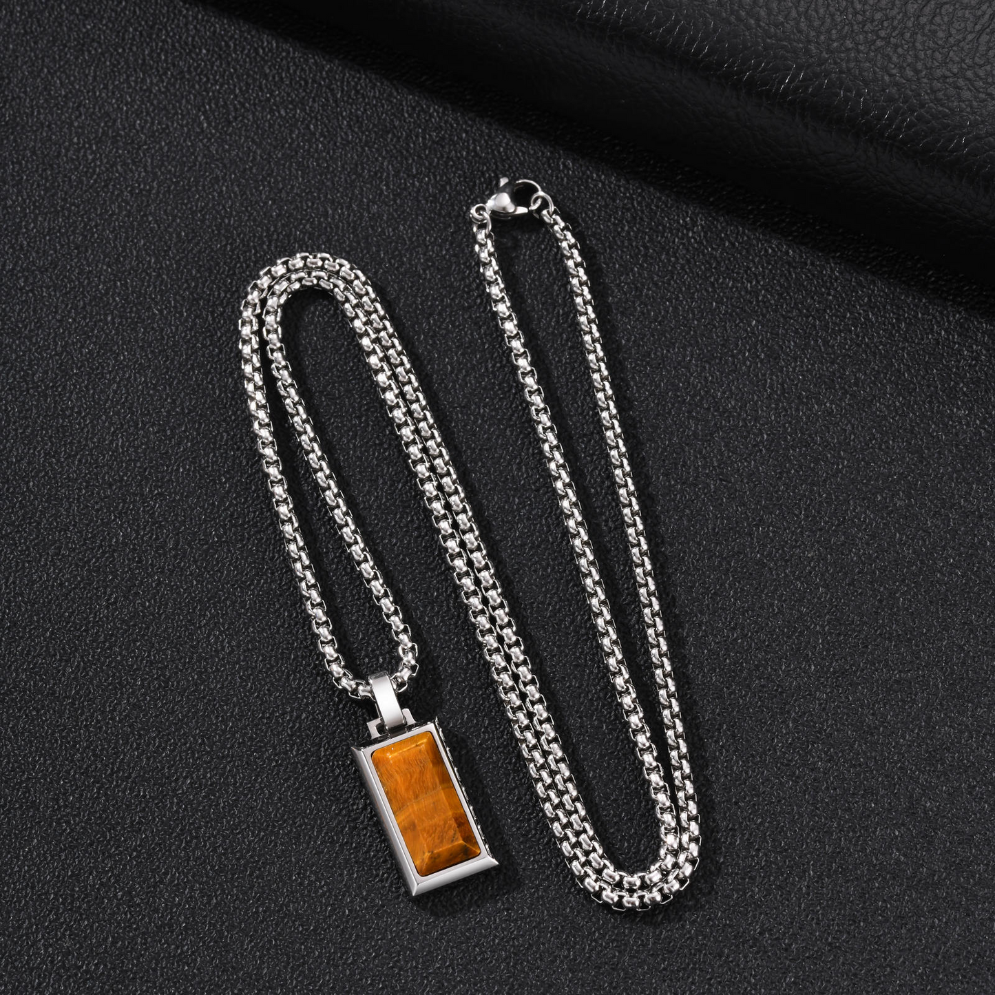 Kemston Rectangular Black Agate Pendant Necklace for Men Stainless Steel Vintage PN2379