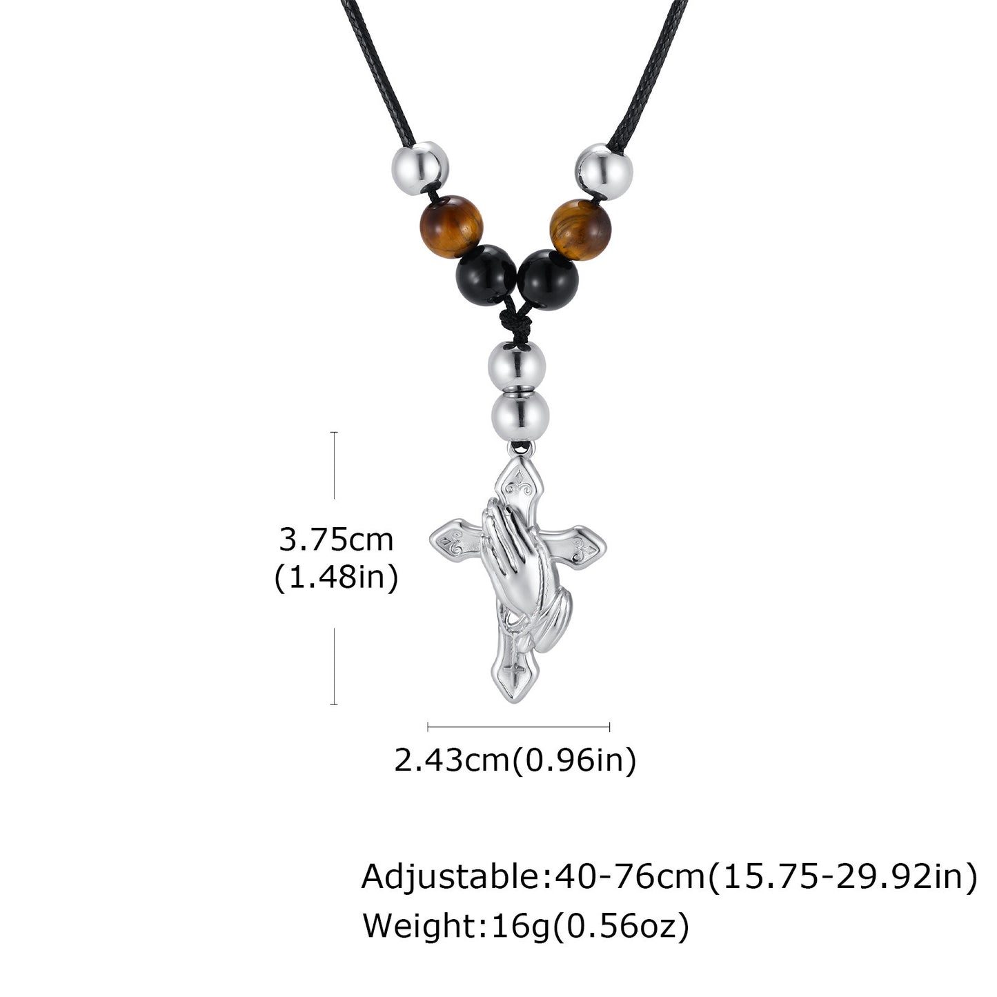 Kemston Beaded Cross Necklace for Men Black Onyx Tiger Eye Stainless Steel Adjustable Rope Pendant NC-2783